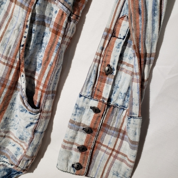 Soft Surroundings Chambray Acid Washed Plaid Tunic Top‎ XS Blue Rust - Picture 5 of 6